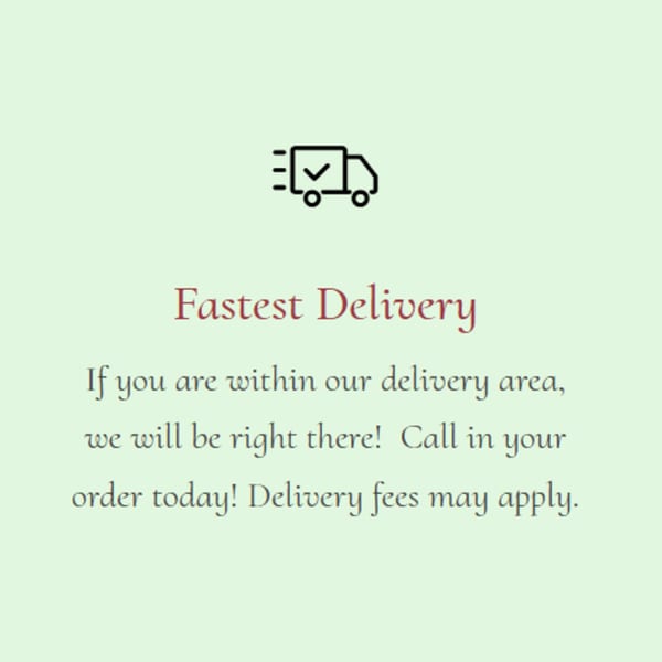 A delivery truck icon with text "Fastest Delivery" and details about Mama Mia's delivery service.